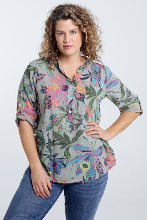 Blouse en gaze de coton imprimé floral-Paprika-3