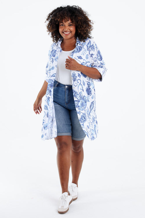 Chemise longue en lin imprimé fleurs indiennes-Paprika-7