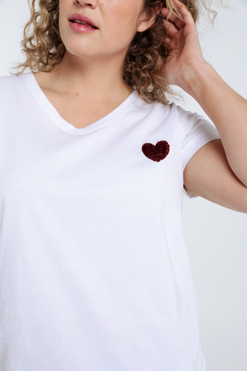 T-shirt en coton uni avec coeur en sequins-Paprika-3