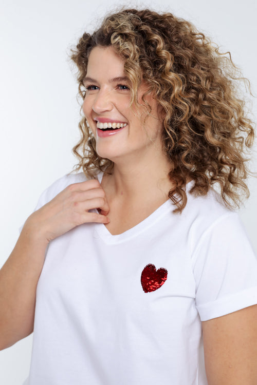 T-shirt en coton uni avec coeur en sequins-Paprika-5