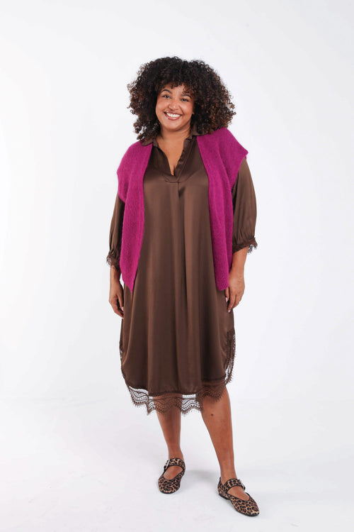 Robe en viscose effet satiné unie avec dentelle-Paprika-9
