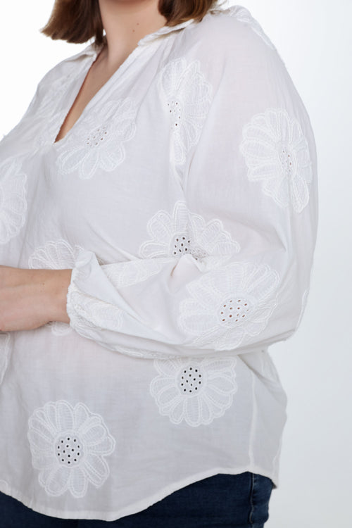 Blouse en coton unie avec fleurs brodées-Paprika-6
