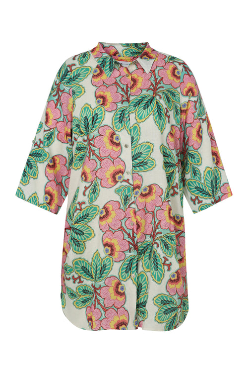 Chemise longue en lin et viscose imprimé fleuri-Paprika-10