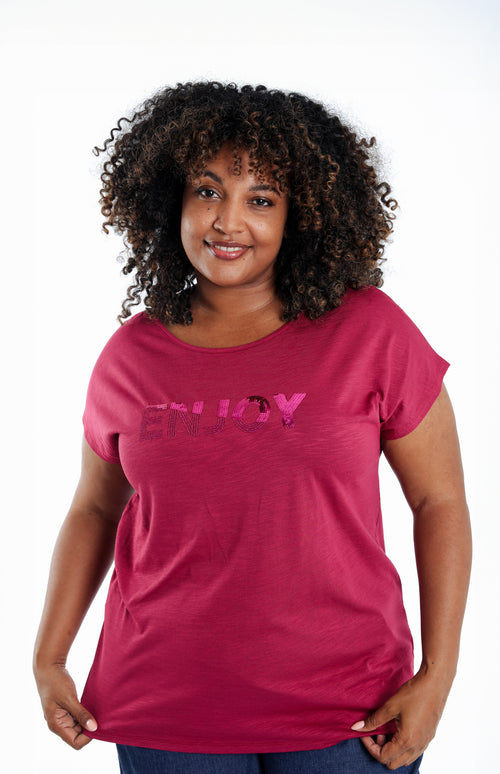 T-shirt en coton uni Enjoy en sequins-Paprika-3