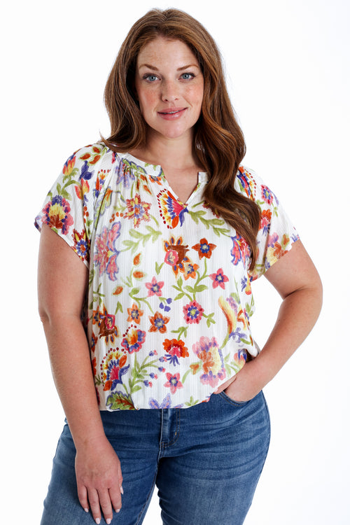 Blouse en viscose imprimé floral avec lurex-Paprika-1