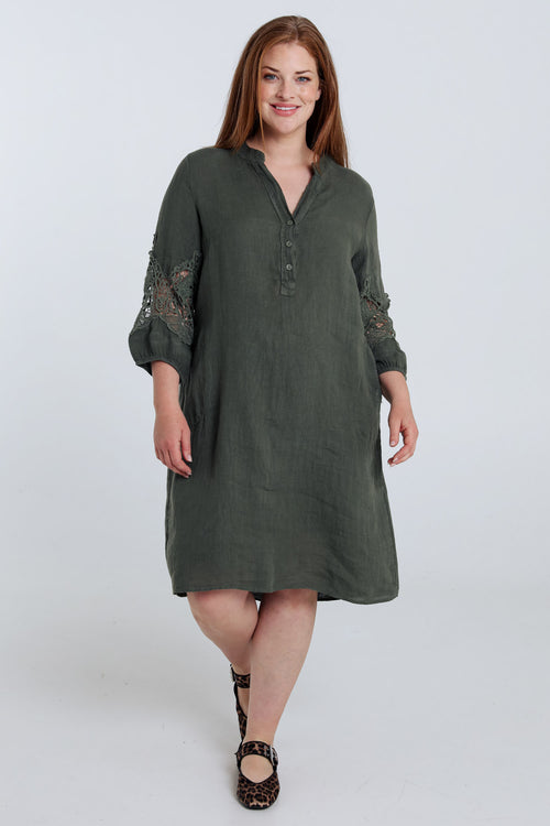 Robe tunique unie en lin détail macramé-Paprika-7