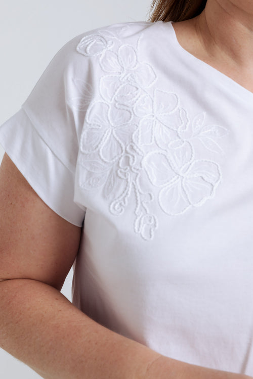 T-shirt en coton uni avec fleurs brodées-Paprika-5