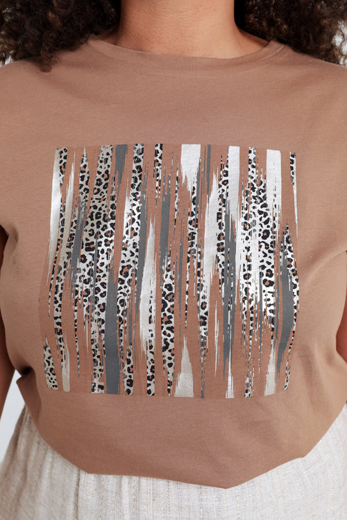 T-shirt uni en coton avec imprimé foil et léopard-Paprika-3