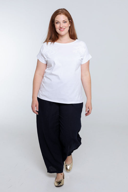 T-shirt en coton uni avec fleurs brodées-Paprika-9