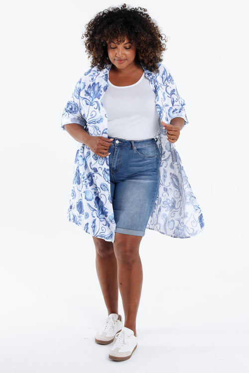 Chemise longue en lin imprimé fleurs indiennes-Paprika-8