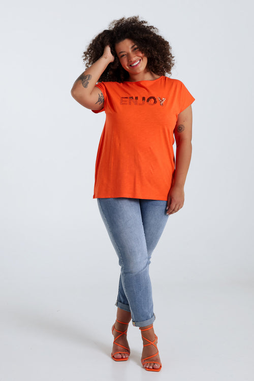 T-shirt uni avec broderie Enjoy et sequins-Paprika-9