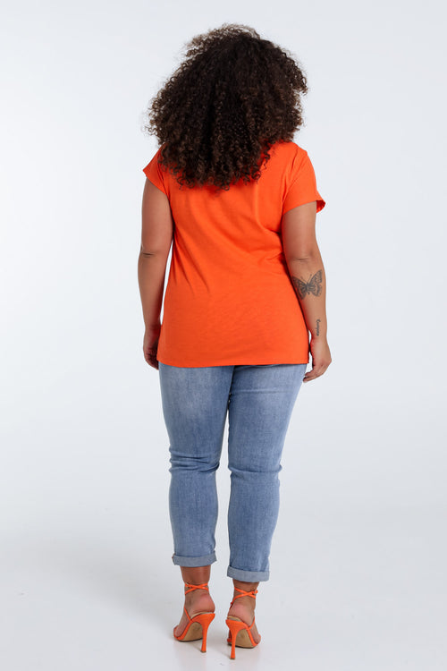 T-shirt uni avec broderie Enjoy et sequins-Paprika-2
