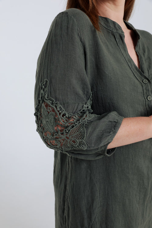 Robe tunique unie en lin détail macramé-Paprika-4