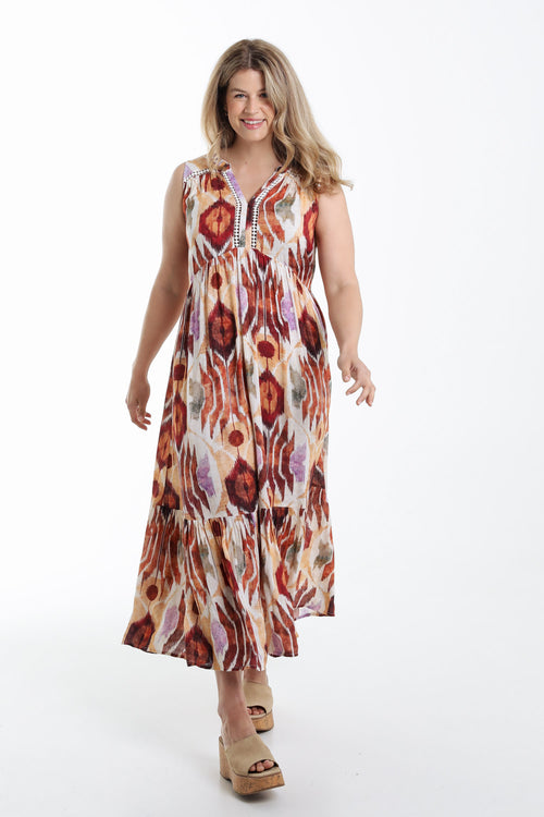 Robe longue en viscose imprimé ethnique-Paprika-8