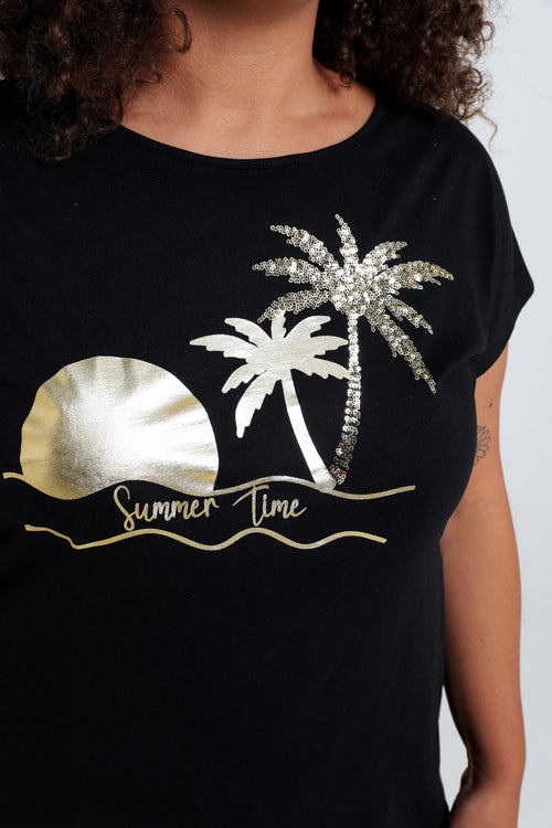 T-shirt en coton imprimé foil palmiers et sequins-Paprika-6