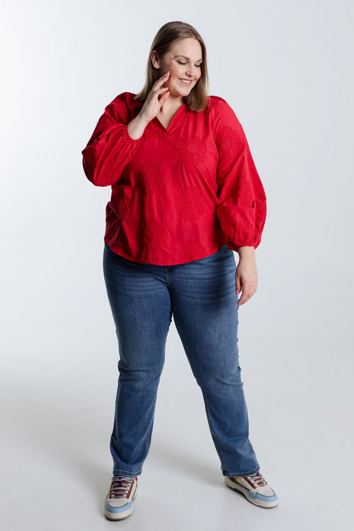Blouse en coton unie avec fleurs brodées-Paprika-9
