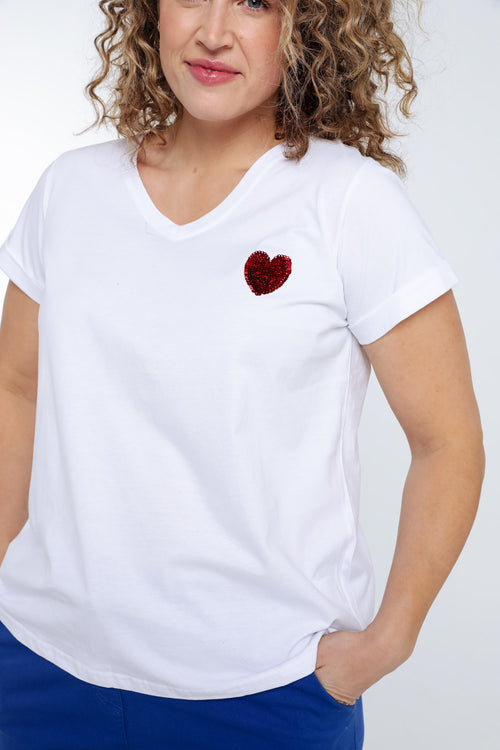 T-shirt en coton uni avec coeur en sequins-Paprika-6