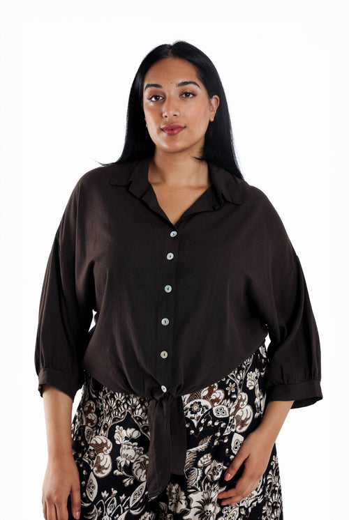 Chemise à nouer en lin et viscose unie-Paprika-1