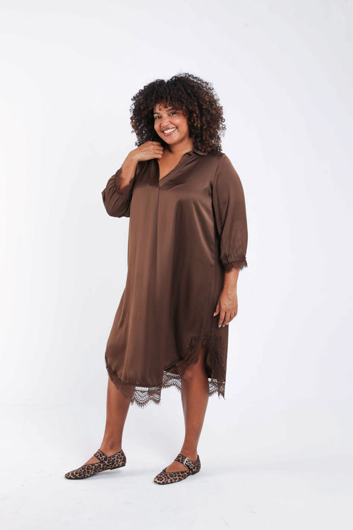 Robe en viscose effet satiné unie avec dentelle-Paprika-8