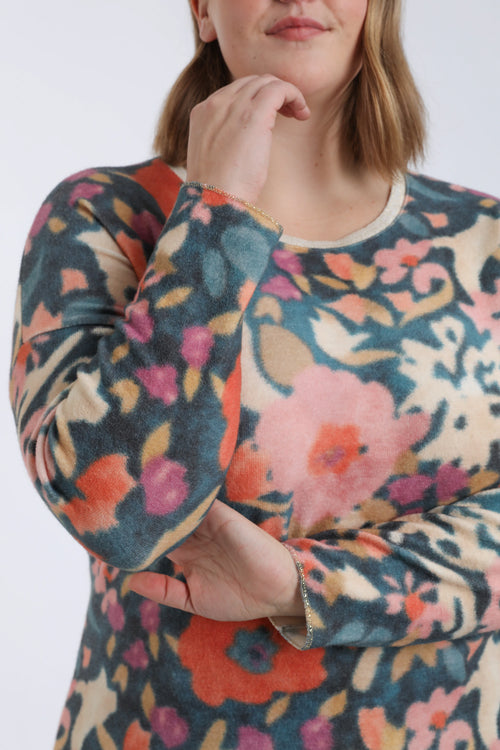 T-shirt maille chaude imprimé fleuri-Paprika-4