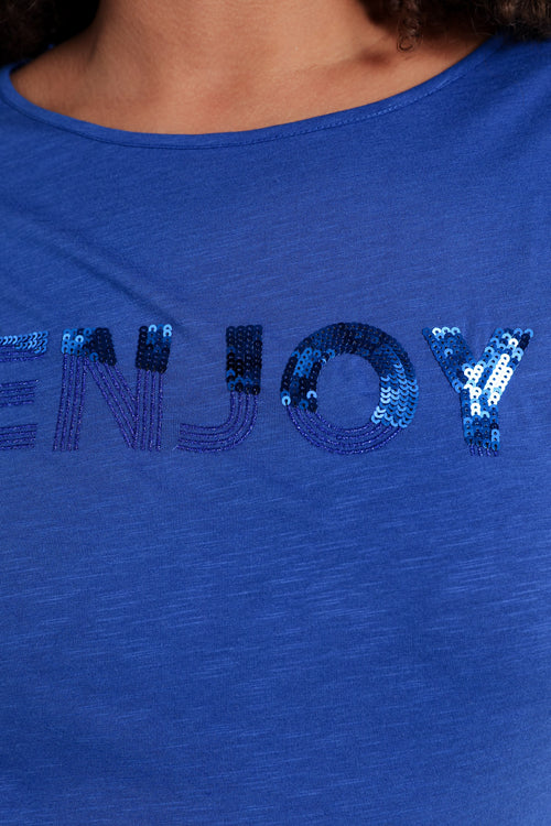 T-shirt uni avec broderie Enjoy et sequins-Paprika-5