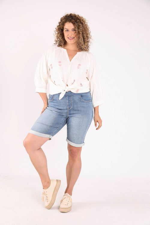 Blouse en coton et viscose unie avec fleurs perlées-Paprika-8