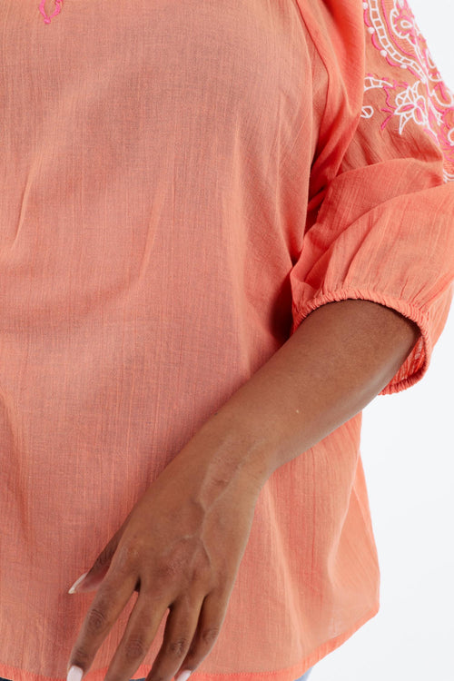Blouse en conton unie avec broderies-Paprika-5