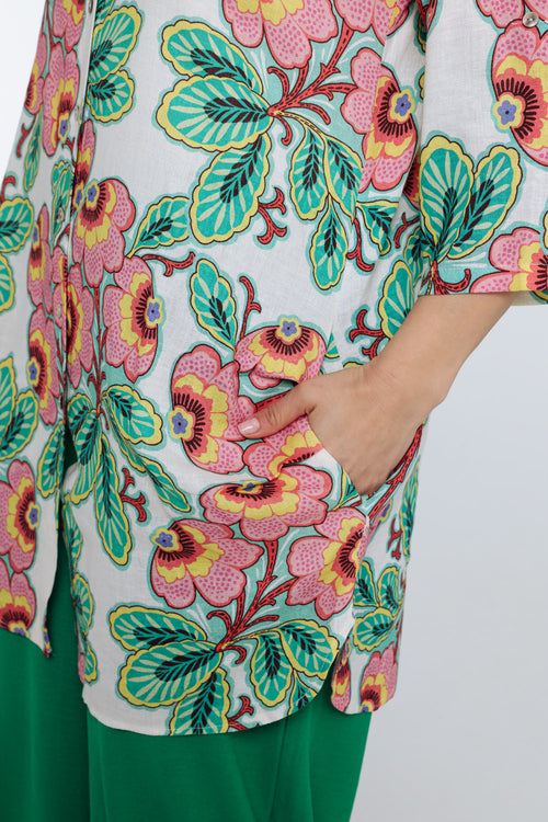 Chemise longue en lin et viscose imprimé fleuri-Paprika-5