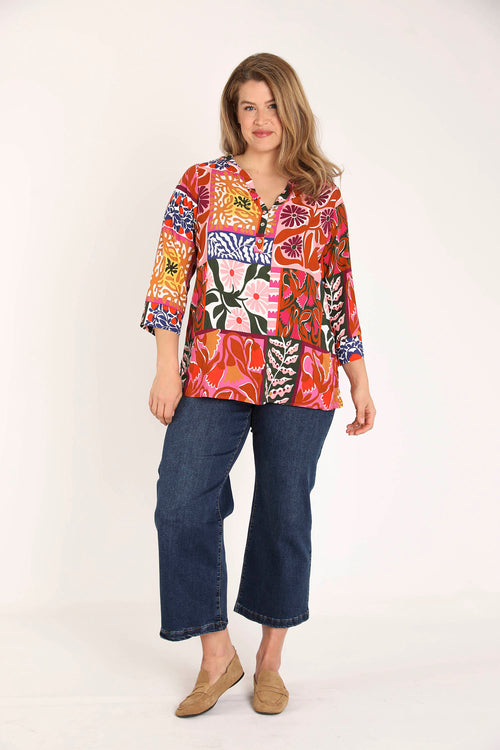 Blouse en viscose imprimé patchwork fleuri-Paprika-7