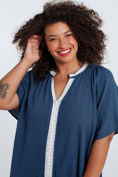 Blouse en viscose unie et macramé-Paprika-3