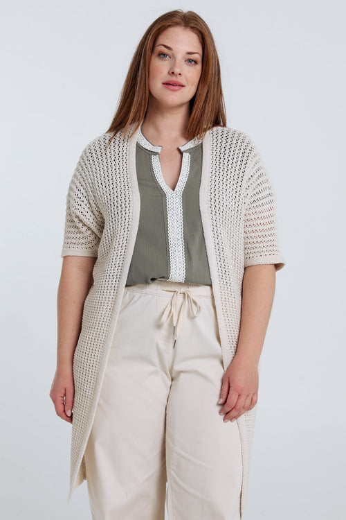 Long gilet en coton ajouré uni-Paprika-1