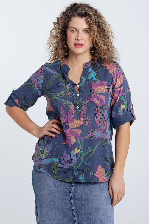 Blouse en gaze de coton imprimé floral-Paprika-2