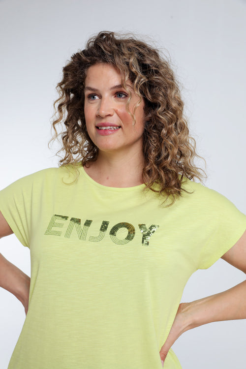 T-shirt uni avec broderie Enjoy et sequins-Paprika-3