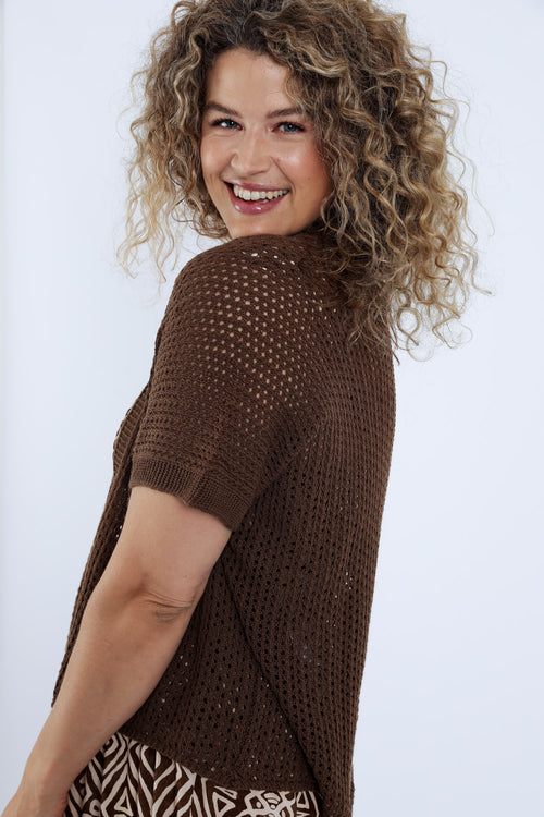 Cardigan maille ajourée uni-Paprika-4