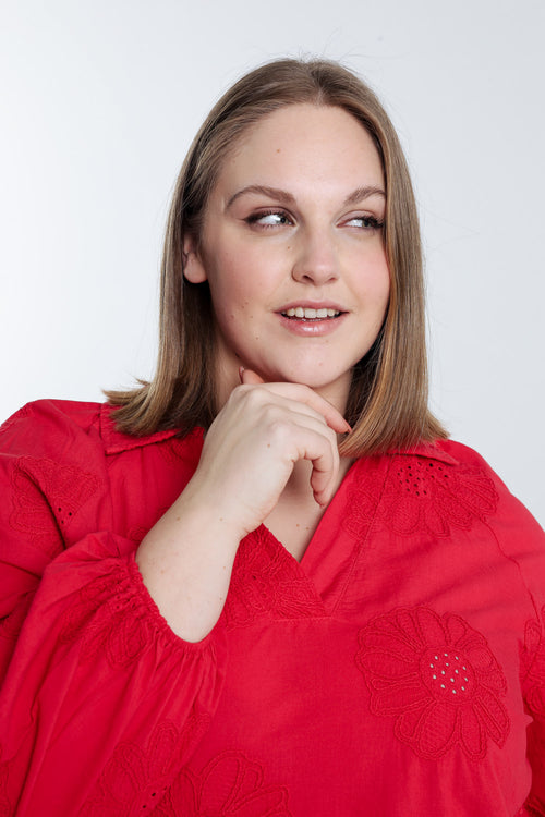 Blouse en coton unie avec fleurs brodées-Paprika-6