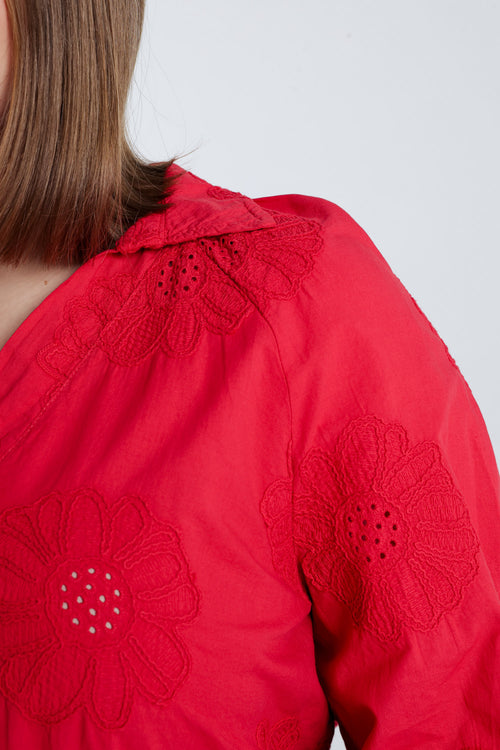 Blouse en coton unie avec fleurs brodées-Paprika-3