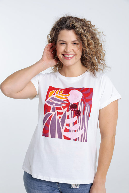 T-shirt en coton dessin coloré et sequins-Paprika-1