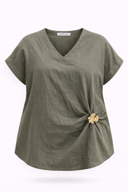 Blouse en lin et viscose unie avec broche-Paprika-1