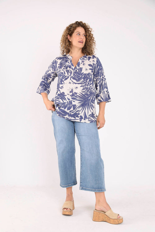 Blouse en lin et viscose imprimé feuille bicolore-Paprika-6