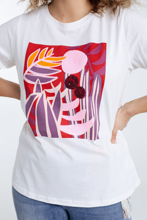 T-shirt en coton dessin coloré et sequins-Paprika-6