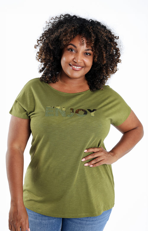 T-shirt en coton uni Enjoy en sequins-Paprika-1