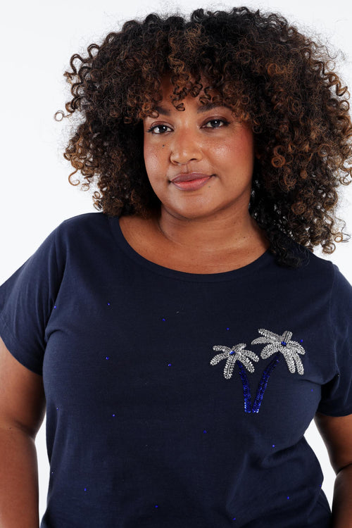 T-shirt en coton avec palmier en sequins-Paprika-3