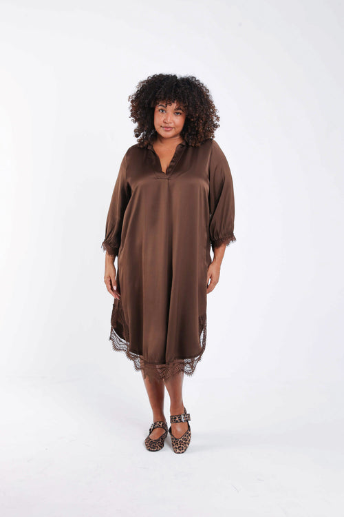 Robe en viscose effet satiné unie avec dentelle-Paprika-7