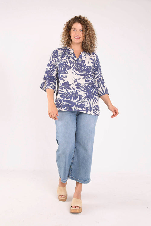Blouse en lin et viscose imprimé feuille bicolore-Paprika-7