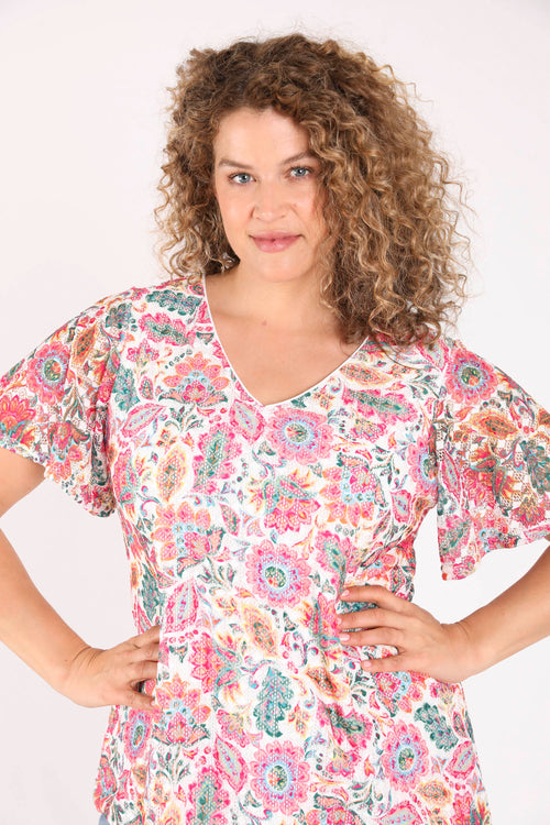 T-shirt en dentelle imprimé fleurs indiennes-Paprika-5