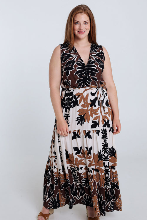 Robe longue en viscose imprimé feuillage-Paprika-1