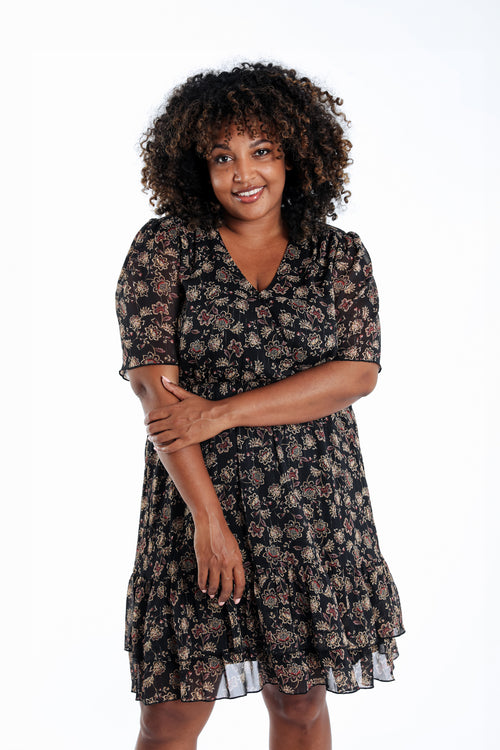 Robe courte en voile imprimé fleuri-Paprika-1