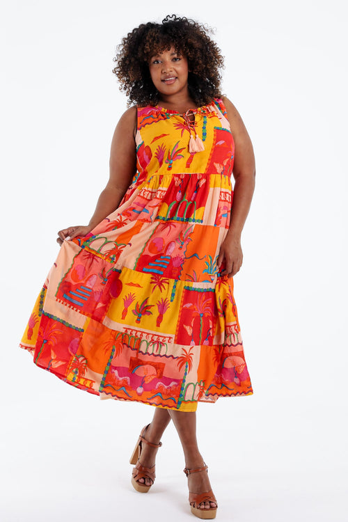 Robe en coton imprimé patch tropical-Paprika-8