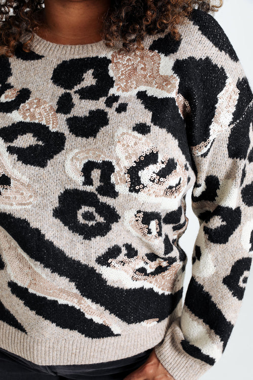 Pull imprimé peau de bête détail sequins-Paprika-7