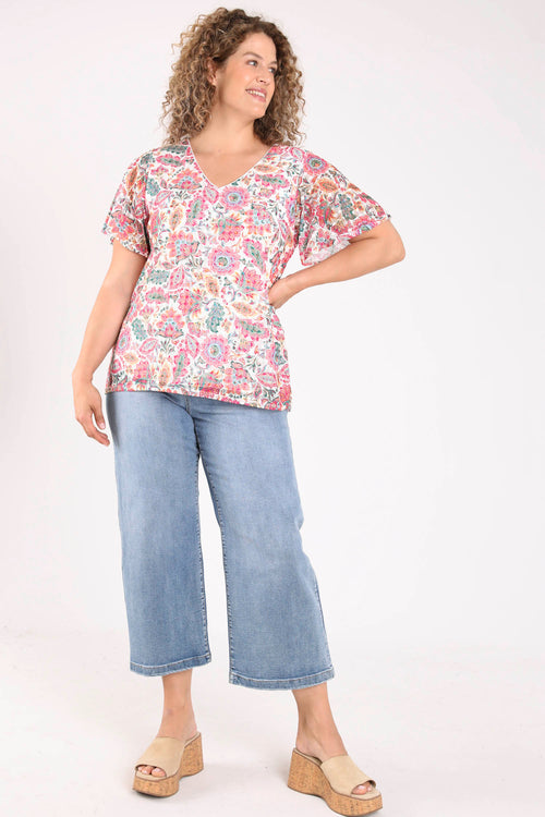 T-shirt en dentelle imprimé fleurs indiennes-Paprika-7